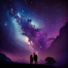 Fototapeta na wymiar Couple in mountains star gazing at night sky, created using generative ai technology