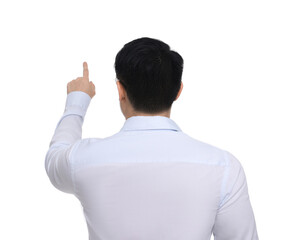 Businessman in formal clothes posing on white background, back view