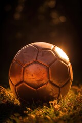 Fototapeta premium Close up of black and white football on wooden floor in room, created using generative ai technology