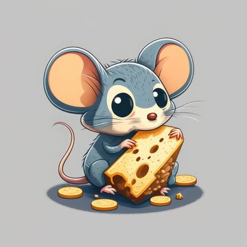 Close up of cute grey mouse with cheese on grey background, created using generative ai technology