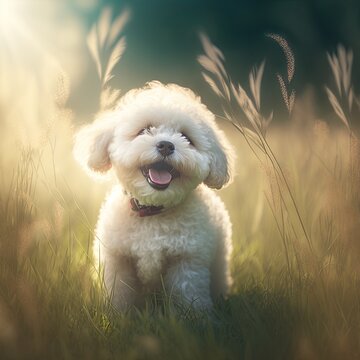 Close up of cute white bichon dog running in field, created using generative ai technology