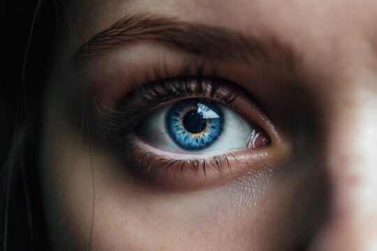 Close up of woman's eyes with patterned pupils, created using generative ai technology