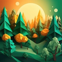 Origami landscape with trees, birds and sun, created using generative ai technology