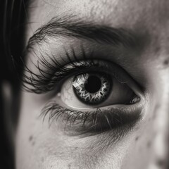 Obraz premium Close up of woman's eye in black and white, created using generative ai technology