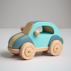 Close up of retro blue car toy on brown background, created using generative ai technology