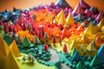 Obraz premium Rainbow origami landscape with trees and mountains, created using generative ai technology