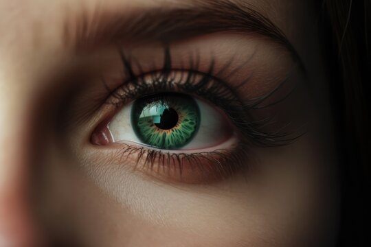 Close up of woman's green eye, created using generative ai technology