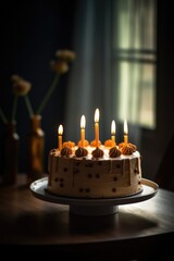 Birthday cake with lit candles on table, created using generative ai technology