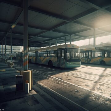 Bus parked at bus station at sunset, created using generative ai technology