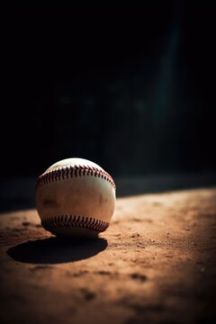 Close up of baseball on wooden surface, created using generative ai technology