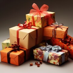 Obraz premium Close up of stack of gifts with ribbon, created using generative ai technology