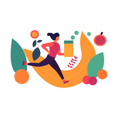 woman running to keep herself healthy and eat detox fruits vector illustration art
