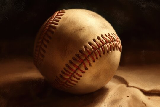 Close up of baseball on black background, created using generative ai technology