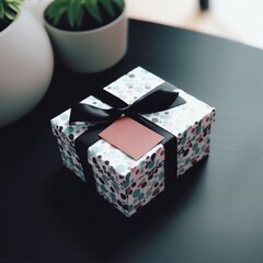 Obraz premium Close up of white and blue gift with ribbon and flowers, created using generative ai technology