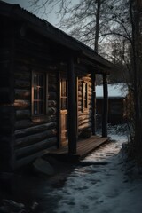 Log cabin with brown roof in nature surrounded by trees, created using generative ai technology