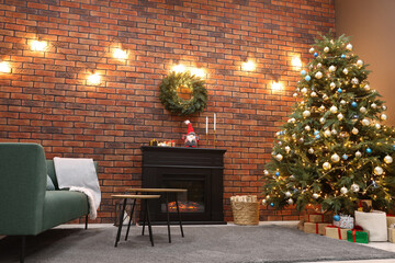 Beautiful tree with festive lights and Christmas decor in living room. Interior design