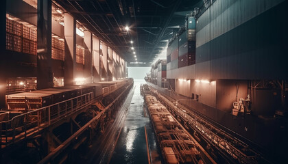 Inside a modern factory, steel machinery illuminates the dim night generated by AI