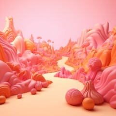 General view of colourful candyland in pastel colours, created using generative ai technology