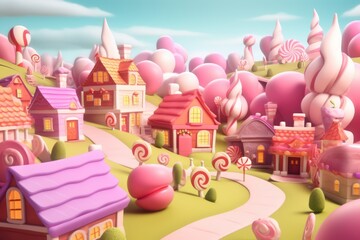 Candyland cityscape in bright colours on blue background, created using generative ai technology