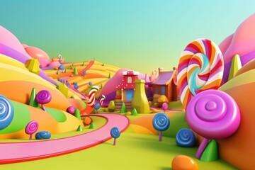 General view of colourful candyland in pastel colours, created using generative ai technology