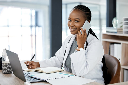 Hospital, Doctor And Portrait Of Black Woman On A Phone Call For Medical Consulting, Conversation And Talking. Healthcare, Clinic And Female Worker On Smartphone For Contact, Medic Service And Help