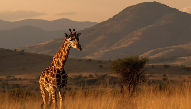 A giraffe standing tall, looking at camera in savannah wilderness generated by AI