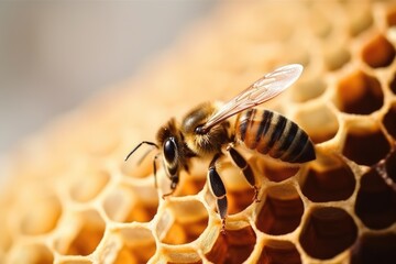 Close up of bee on honeycomb created using generative ai technology