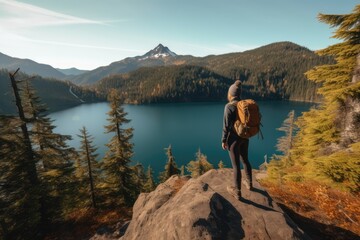 Caucasian female hiker standing on rock and looking at lake created using generative ai technology