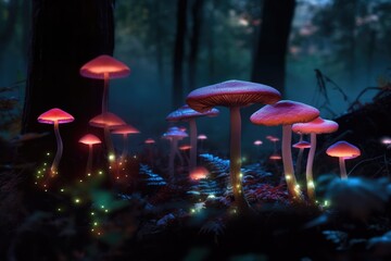 Close up of glowing mushrooms in forest created using generative ai technology