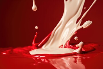 Close up of white liquid splashing on red background created using generative ai technology