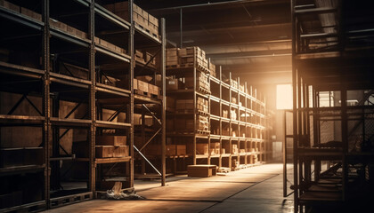 Obraz premium A modern warehouse with rows of bookshelves and equipment inside generated by AI