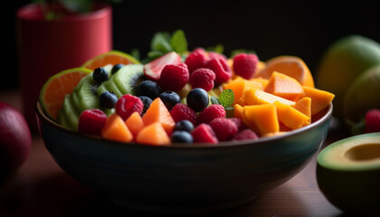 A gourmet fruit salad with a variation of fresh berries generated by AI