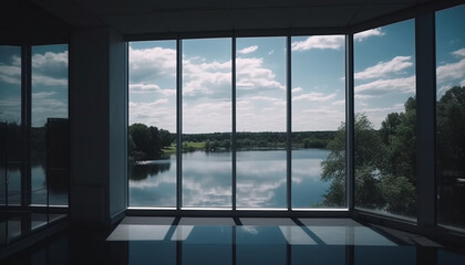 Naklejka na ściany i meble Looking through modern glass window, blue sky reflects on water generated by AI