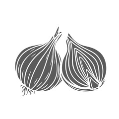 Onion bulbs glyph icon vector illustration. Stamp of whole fresh raw vegetable with roots and onion head without peel cut into half parts for cooking, natural food ingredient for vitamin nutrition