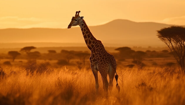 Silhouette of giraffe standing on steppe at sunset, looking back generated by AI