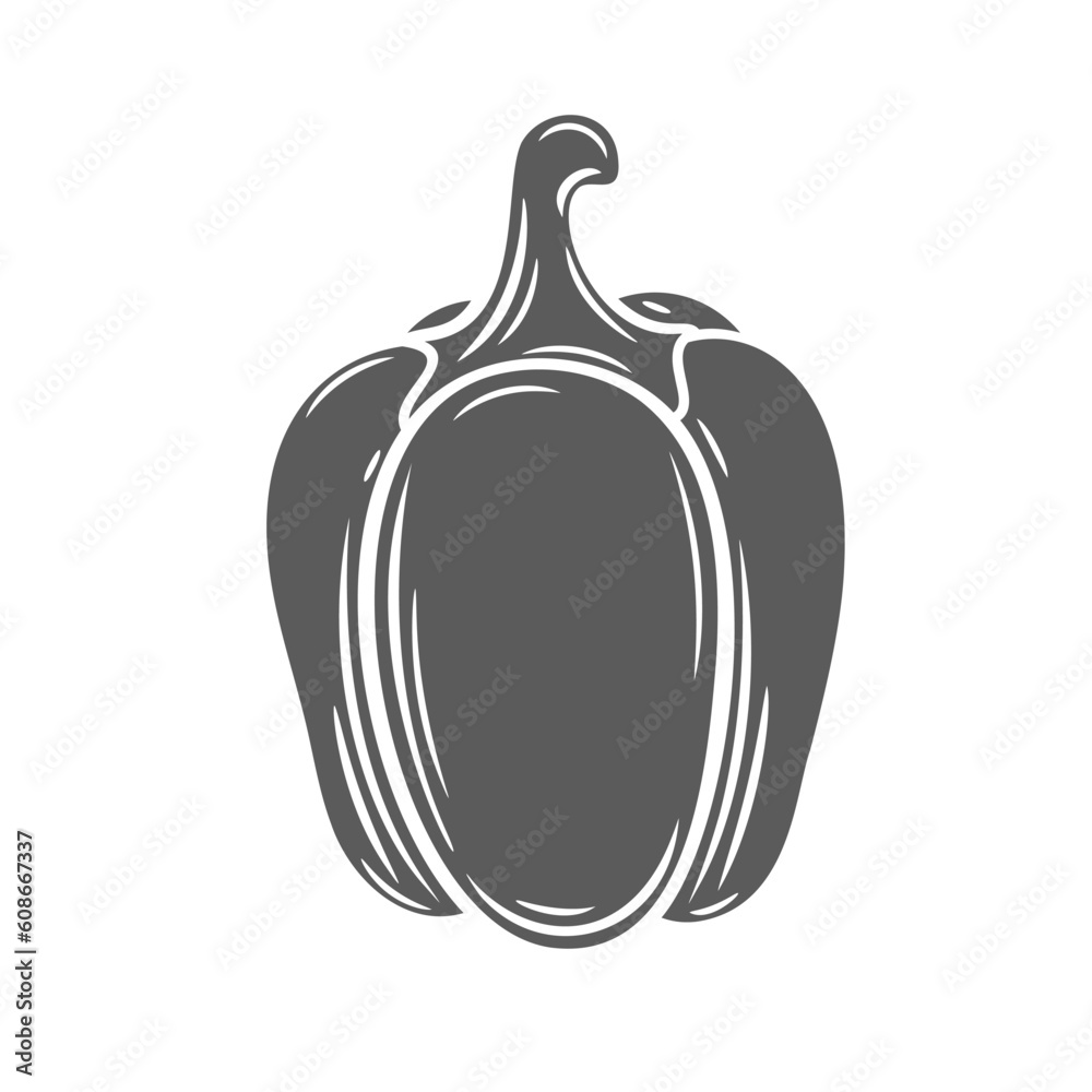 Poster Bell pepper glyph icon vector illustration. Stamp of single whole vegetable, side view of sweet paprika with stem, one organic bell pepper to eat and cook healthy food, raw harvest of farm garden