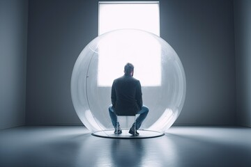 Unsocial lonely man in a bubble sits in an empty white room. Generative AI - obrazy, fototapety, plakaty