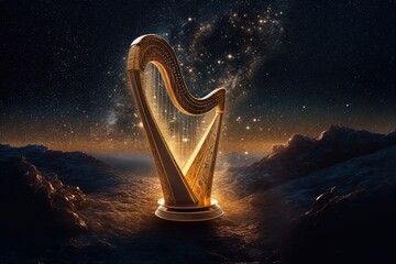 Otherworldly harp with strings made of glistening stardust, emitting ethereal melodies that resonate across the cosmos, captivating listeners with its celestial harmonies illustration generative ai