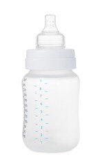One empty feeding bottle for baby milk isolated on white