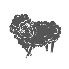 Cute sheep standing glyph icon vector illustration. Stamp of adorable lamb looking back, furry domestic baby animal for counting during insomnia, happy sheep character to help fall asleep in bed