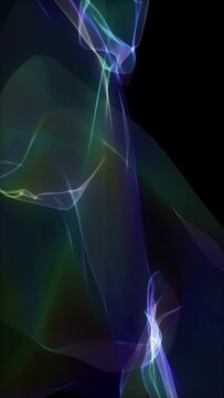 Smoke, gas, incense or plasma. Looping abstract animation. Vertical video. Rainbow colors on black. Soft evolving curves, slow motion flow. Background or screen saver.