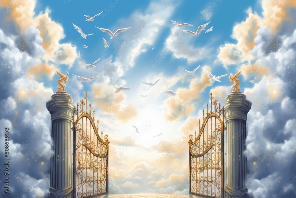 Wall mural gates of heaven with clouds and birds, created using generative ai technology