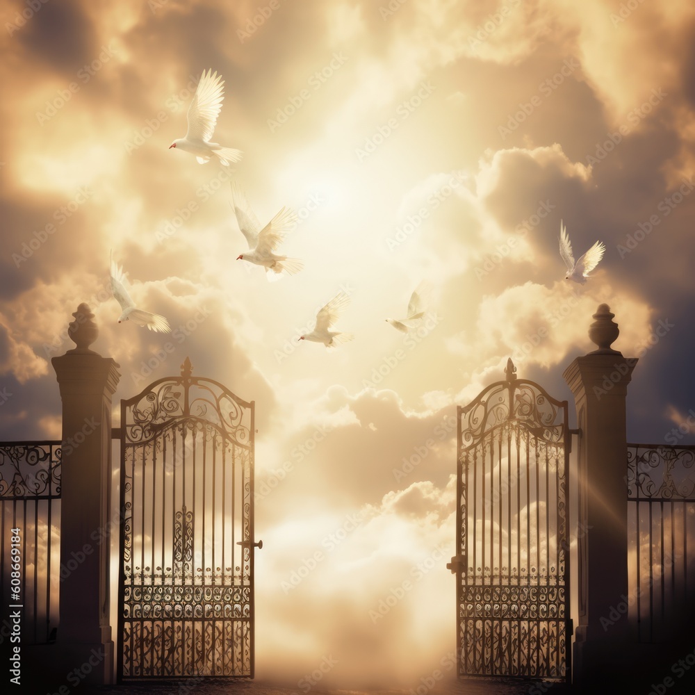 Wall mural gates of heaven with clouds and sun setting, created using generative ai technology