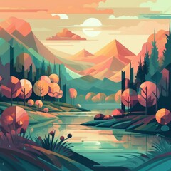 Sunset landscape with trees, mountains and river created using generative ai technology