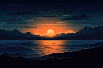 Sunset landscape with trees, mountains and lake created using generative ai technology