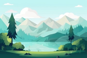 Sunset landscape with trees, mountains and lake created using generative ai technology
