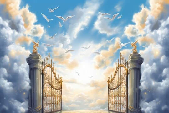 Gates of heaven with clouds and birds, created using generative ai technology
