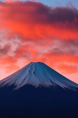 Mount fuji covered by snow and river over colourufl sky, created using generative ai technology