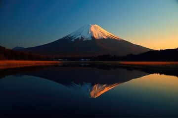 Landscape of mount fuji covered by snow over thick clouds, created using generative ai technology