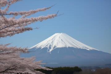 Fototapeta premium Landscape of mount fuji covered by snow over forest, created using generative ai technology